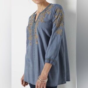 J.Jill top 2X pullover Embroidered Chambray womens long sleeve floral